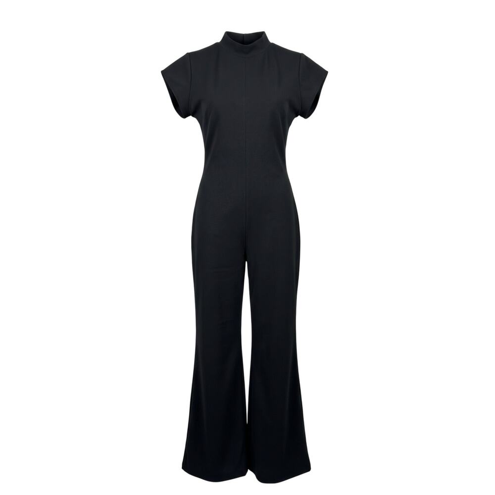 MAGS Jumpsuit Mock Neck Cap Sleeve Wide Leg Flare Crepe Black S